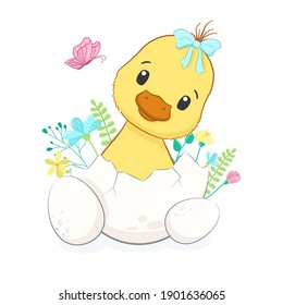 Happy Easter. Cute duckling with eggs. Vector illustration.
