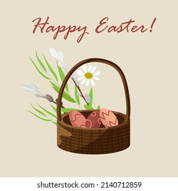 Happy Easter. Cute egg, easter basket decoration. Vector flat cartoon illustration