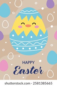 Happy Easter. Cute Easter egg with cute chick. Colourful greeting card in cartoon style. Vector illustration