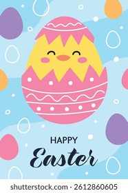 Happy Easter. Cute Easter egg with cute chick. Colourful greeting card in cartoon style. Vector illustration