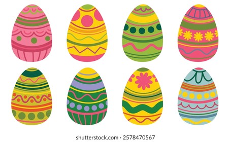 Happy Easter cute eggs. Set of Easter eggs with different textures on a white background. Spring holiday.