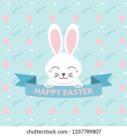 Happy easter. Cute and Funny Bunny on Pastel Background. Pattern with Easter egg. Holiday card. 