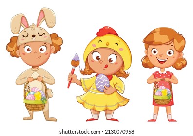 Happy Easter. Cute girl cartoon character in a costume of rabbit, in a costume of chicken and in a beautiful dress, set of three poses