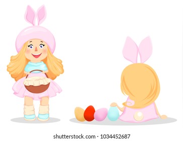 Happy Easter. Cute girl in a costume of rabbit near eggs, back view and front view. Funny cartoon character for holiday. Vector illustration on white background