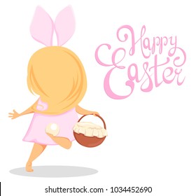 Happy Easter. Cute girl in a costume of rabbit running with a basket, back view. Funny cartoon character for holiday and handmade lettering. Vector illustration on white background