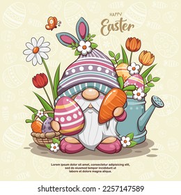 Frohe Osterfeier mit süßem Gnome, Wasserdose, Blumen und Eierstock von Ostern. Cartoon Illustration