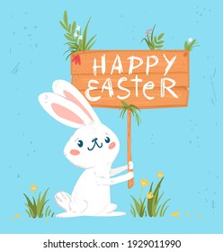 Happy easter cute graphic greeting card with funny rabbit and plate
