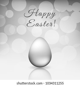 Happy Easter - cute greeting card with silver egg on the black-white background bokeh. Vector illustration