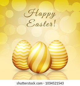 Happy Easter - cute greeting card with painted golden eggs on golden bokeh background. Vector illustration