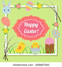 Happy Easter. Cute greeting card with traditional Easter symbols.