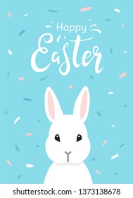 Happy Easter cute greeting card with hand drawn lettering, white bunny and brash strokes on blue background. - Vector illustration