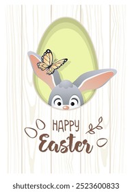 Feliz Pascua. Tarjeta de felicitación linda con el conejo y la mariposa de Pascua. Ilustración vectorial.