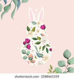 Happy Easter. Cute greeting card with a flower rabbit. Vector illustration.
