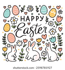Happy Easter cute greeting card with text lettering and simple doodles of eggs, flowers, bunnies with black outline