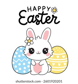 Happy Easter Cute Greeting Card with Lettering and Cartoon Kawaii Bunny Rabbit With Colored Ornate Eggs