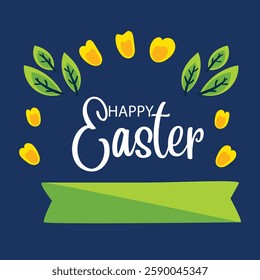 Happy Easter of cute greeting cards, posters, holiday covers or banners. Trendy design with typography, hand painted flowers, plants, dots, eggs, Easter bunny and chick. Modern art style templates