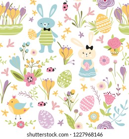 Happy Easter cute hand drawn card with rabbit Bunny bird eggs spring flowers branches on white Seamless pattern Vector illustration Spring Easter repeated background banner print Kids style.