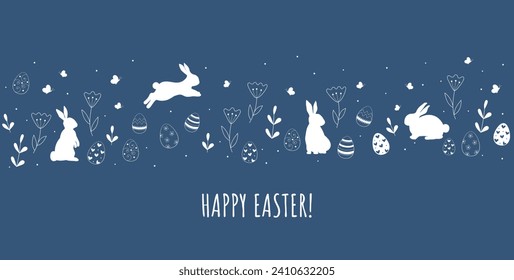 Happy Easter! Cute hand drawn Easter horizontal pattern with bunnies, easter eggs ans flowers. Vector design.