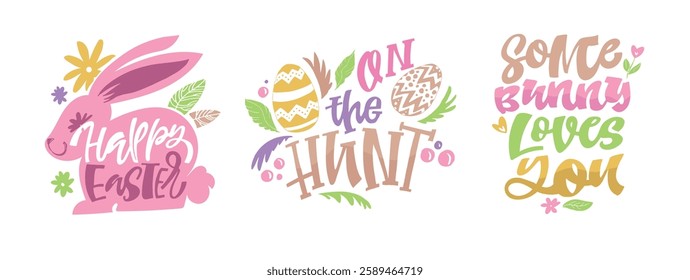 Happy Easter! Cute hand drawn doodle lettering quote about egg hunt. Lettering for t-shirt design, mug print, bag print, clothes fashion. 100% hand drawn vector image.