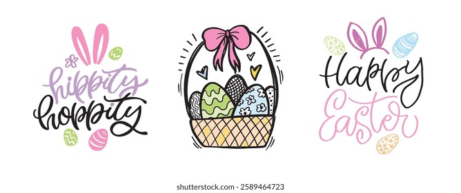 Happy Easter! Cute hand drawn doodle lettering quote about egg hunt. Lettering for t-shirt design, mug print, bag print, clothes fashion. 100% hand drawn vector image.