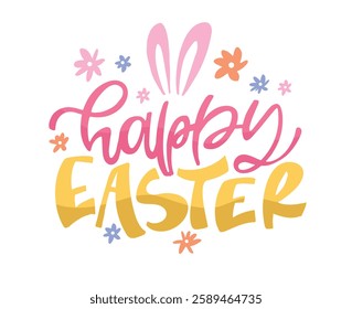 Happy Easter! Cute hand drawn doodle lettering quote about egg hunt. Lettering for t-shirt design, mug print, bag print, clothes fashion. 100% hand drawn vector image.