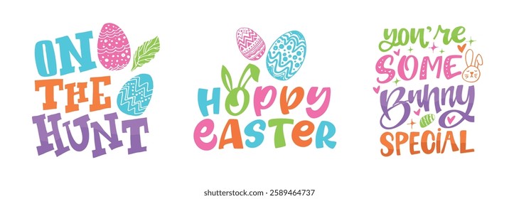 Happy Easter! Cute hand drawn doodle lettering quote about egg hunt. Lettering for t-shirt design, mug print, bag print, clothes fashion. 100% hand drawn vector image.