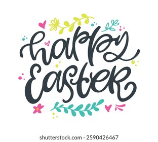 Happy Easter! Cute hand drawn doodle lettering quote about egg hunt. Lettering for t-shirt design, mug print, bag print, clothes fashion. 100% hand drawn vector image.