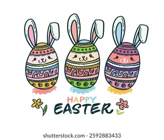 Happy Easter! Cute hand drawn doodle lettering quote about egg hunt. Lettering for t-shirt design, mug print, bag print, clothes fashion. 100% hand drawn vector image.