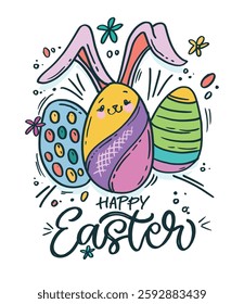 Happy Easter! Cute hand drawn doodle lettering quote about egg hunt. Lettering for t-shirt design, mug print, bag print, clothes fashion. 100% hand drawn vector image.