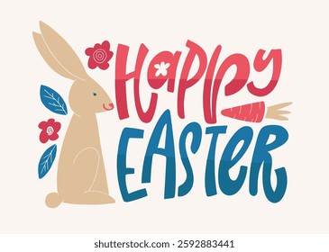 Happy Easter! Cute hand drawn doodle lettering quote about egg hunt. Lettering for t-shirt design, mug print, bag print, clothes fashion. 100% hand drawn vector image.