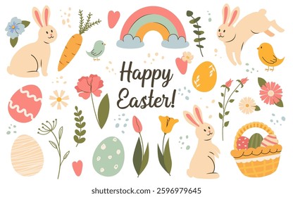 Happy Easter cute hand drawn collection of traditional spring holiday symbols, natural elements. Funny rabbit, eggs, rainbow and flowering plants trendy childish set party vector illustration