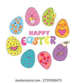 Happy Easter! Cute hand drawn doodle lettering quote about egg hunt. Lettering for t-shirt design, mug print, bag print, clothes fashion. 100% hand drawn vector image.