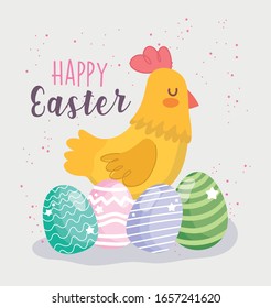happy easter cute hen and eggs decoration celebration vector illustration