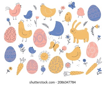 Happy easter. Cute hens, chickens and decorative patterned eggs, rabbit with carrot and butterfly, domestic animals, farm birds and flowers, cartoon poultry yard, vector