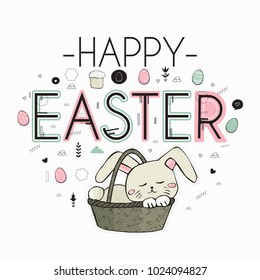 Happy Easter. Cute holiday card with hand-drawn lovely rabbit and lettering.