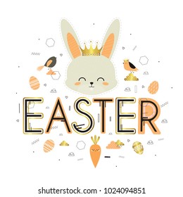 Happy Easter. Cute holiday card with hand-drawn lovely rabbit and lettering.