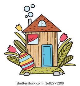 Happy Easter cute house icon. Hand drawn illustration of happy Easter cute house vector icon for web design