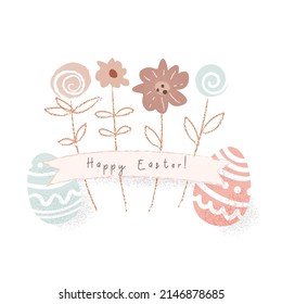 Feliz ilustración linda de Pascua con huevos y flores. Tarjeta elegante dibujada a mano. Vector