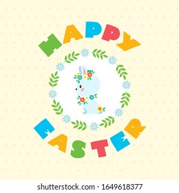 Happy Easter. Cute illustration of little white bunny decorated with floral wreath on yellow dotted background. Can be used for Easter invitation or greeting card. Vector 8 ESP.