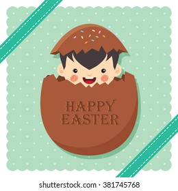 Happy Easter with cute kid and Easter chocolate egg on vector background / Vector cartoon illustration.
