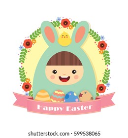 Happy Easter. Cute kid wearing bunny costume with baby chick, flower wreath, easter eggs and pink ribbon isolated on white. 