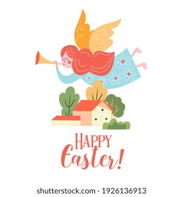 Happy Easter. A cute little angel is flying over the village house. Vector illustration.