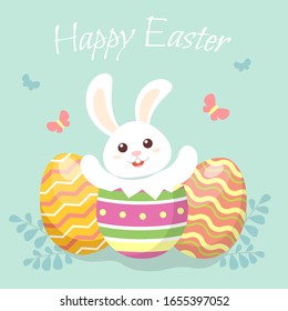 Happy Easter. Cute little bunny sitting in Easter egg. Greeting card in flat style