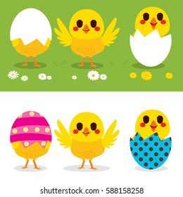 Happy Easter cute little chicks on colorful eggs