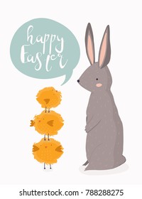 Happy easter. Cute little chicks and rabbit. Hand drawn vector illustration