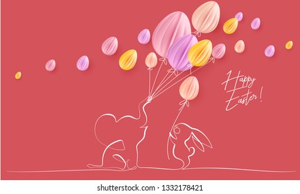 Happy Easter. Cute little elephant with air balloons shaped as eggs and rabbit. Vector paper desing illustration. Continuous one line style.