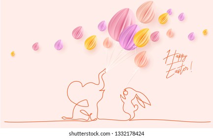Happy Easter. Cute little elephant with air balloons shaped as eggs and rabbit. Vector paper desing illustration. Continuous one line style.