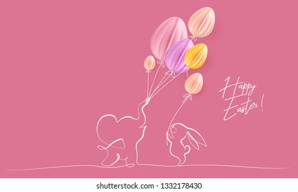 Happy Easter. Cute little elephant with air balloons shaped as eggs and rabbit. Vector paper desing illustration. Continuous one line style.