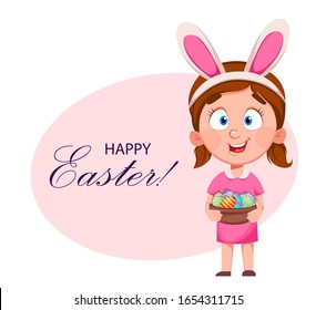 Happy Easter. Cute little girl with basket of eggs wears bunny ears. Funny cartoon character. Stock vector illustration