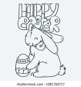Happy Easter. Cute little rabbit with egg, cartoon hand drawn vector illustration. Cute for baby coloring pages, t-shirt print, fashion prints, kids wear, baby shower celebration, greeting and invitat